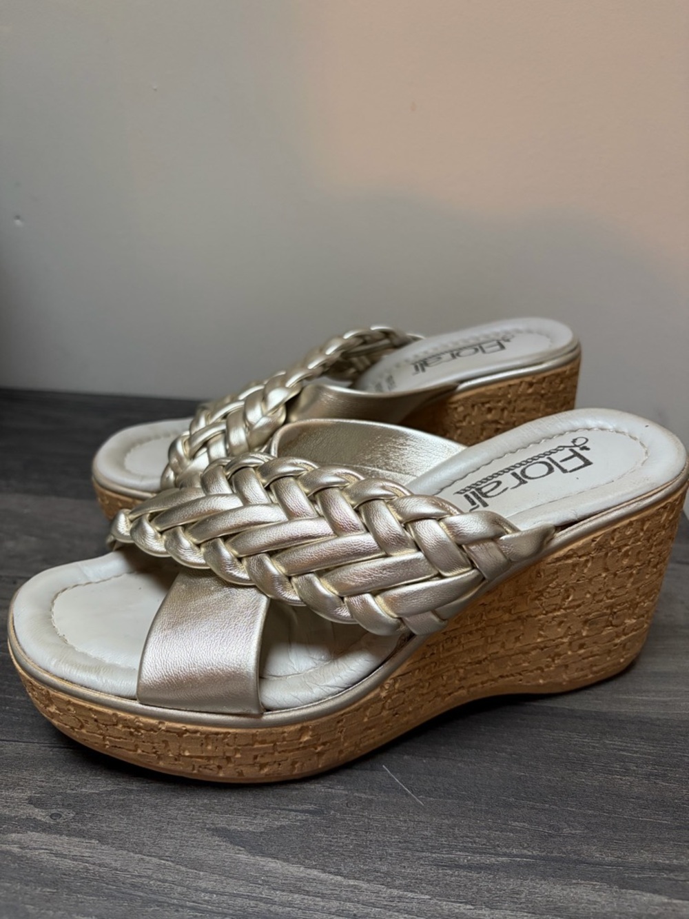 Fiorali Gold Braided Leather Cork Platform Wedge Sandals Made in Italy 37 6.5